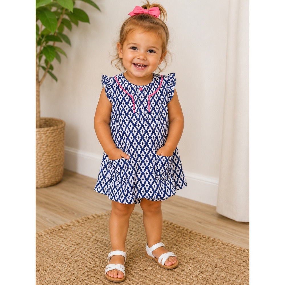 Carters Baby Girls 18M Navy White Pink Pom Trim Geometric Spring Bodysuit Dress